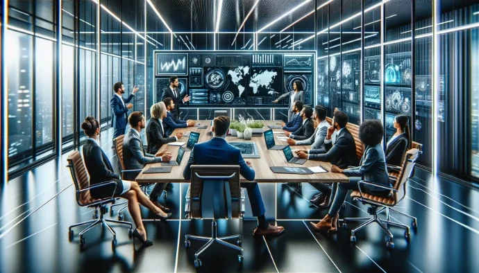 Reunión profesional en oficina tecnológica moderna